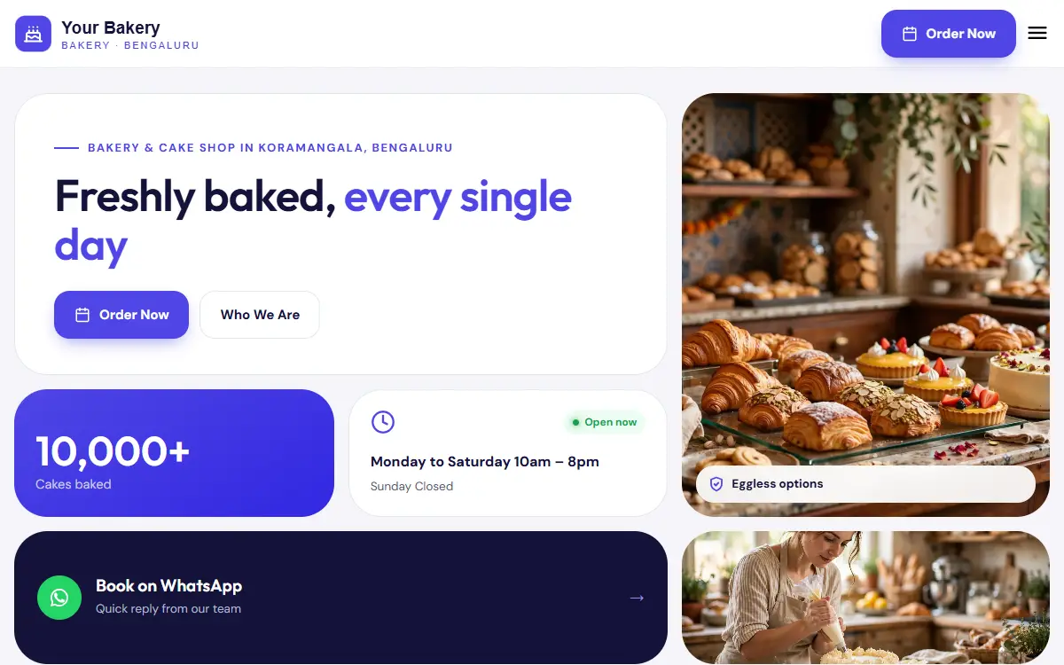 Bakery website in the Bold Booking design, on a computer