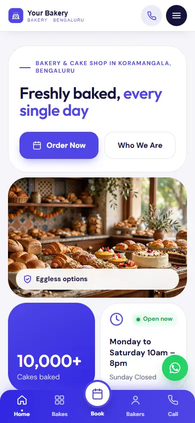 Bakery website in the Bold Booking design, on a phone