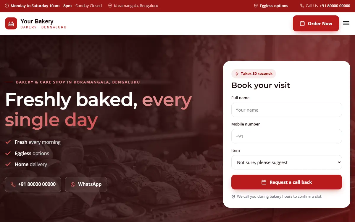 Bakery website in the Bold Crimson design, on a computer