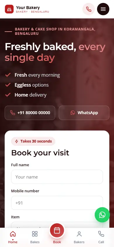 Bakery website in the Bold Crimson design, on a phone