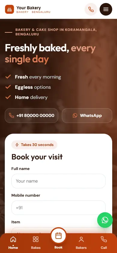 Bakery website in the Sunset Energy design, on a phone