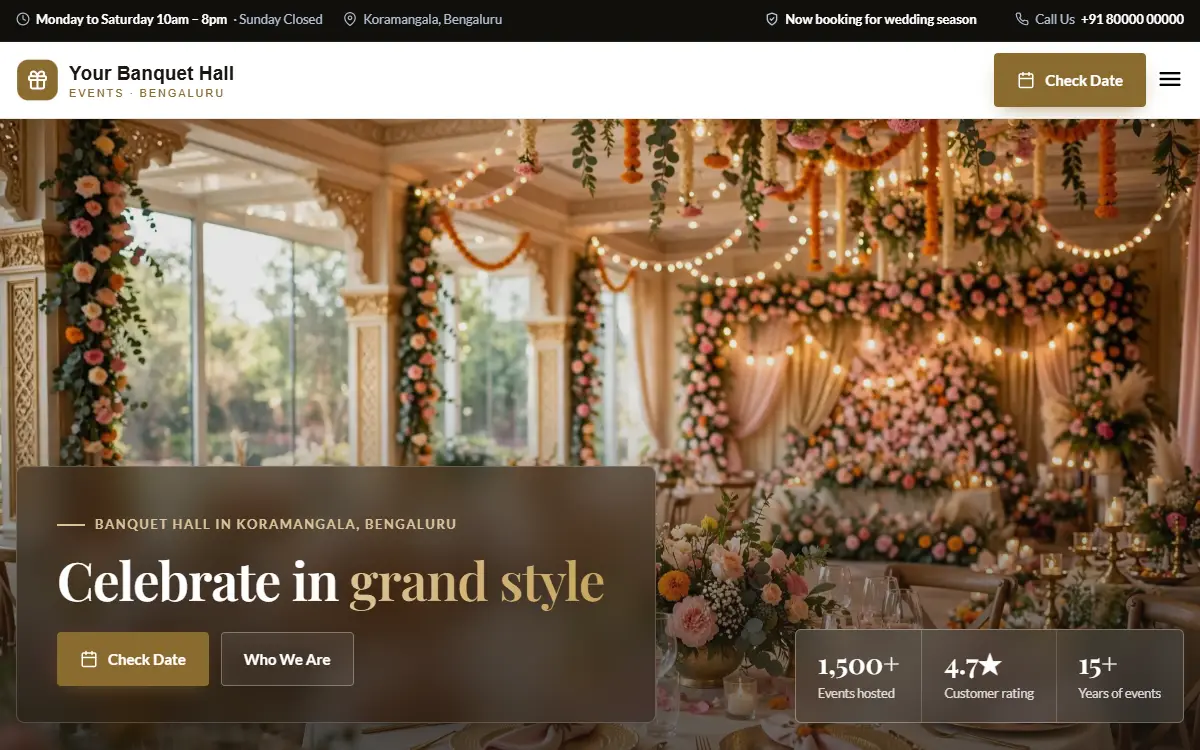 Banquet hall website in the Luxury Gold design, on a computer
