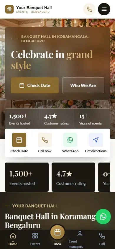 Banquet hall website in the Luxury Gold design, on a phone