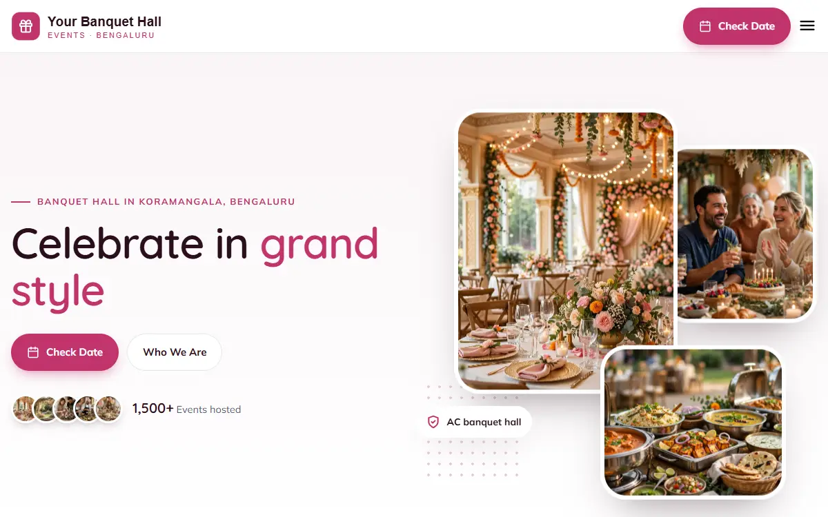 Banquet hall website in the Soft Rose design, on a computer