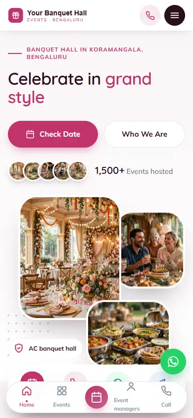 Banquet hall website in the Soft Rose design, on a phone