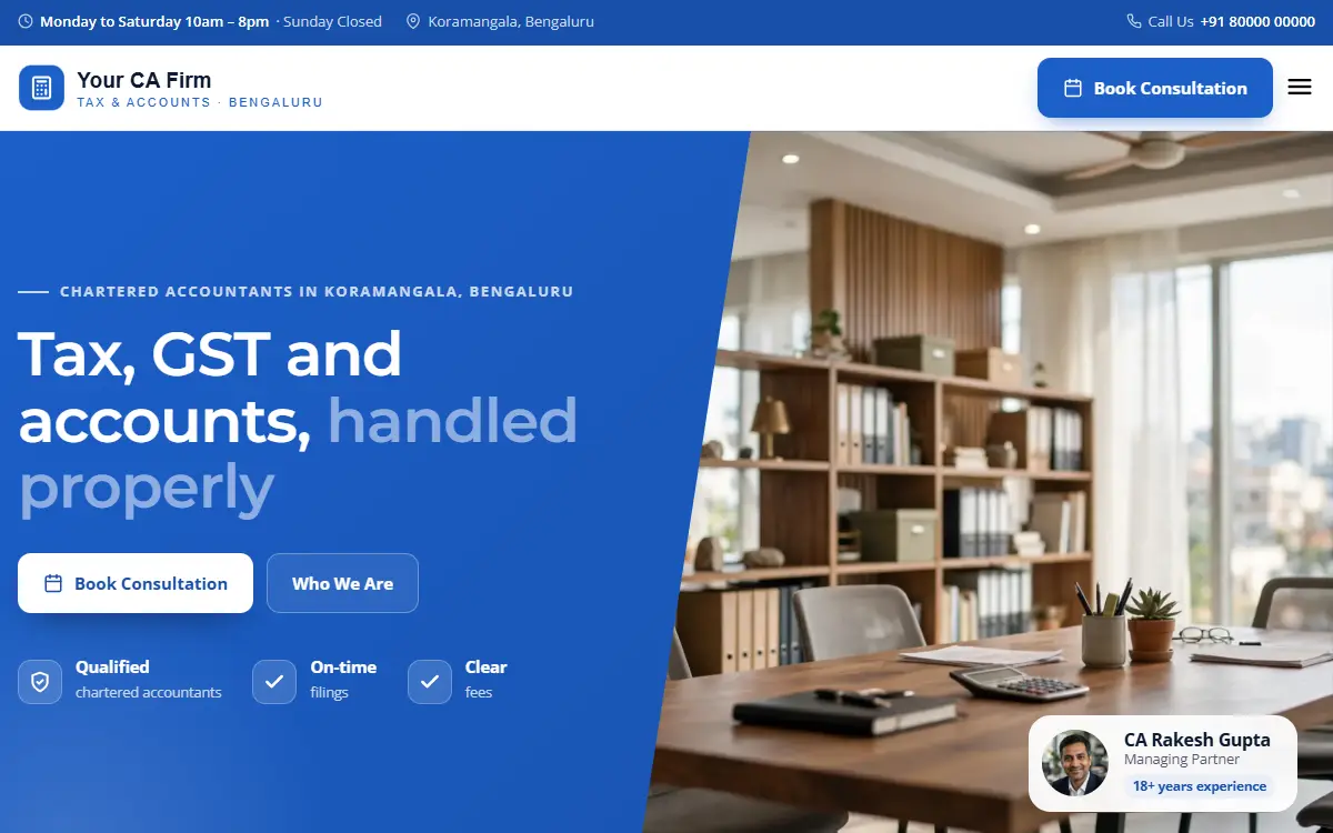 CA firm website in the Corporate Blue design, on a computer