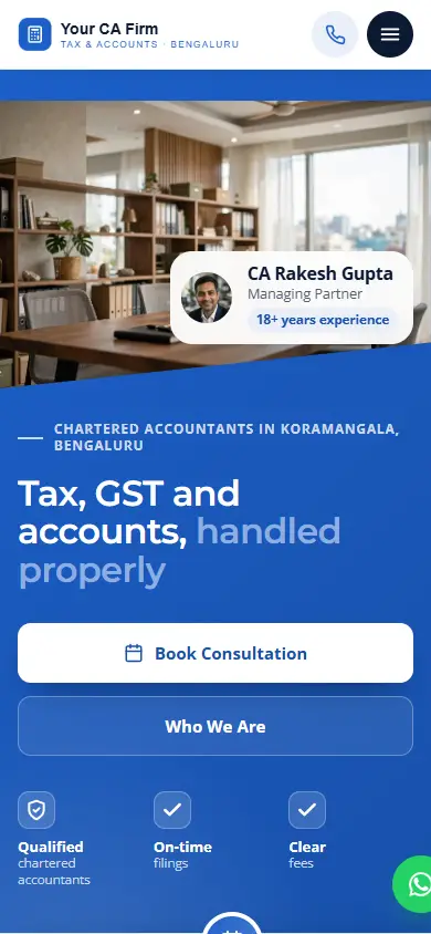 CA firm website in the Corporate Blue design, on a phone