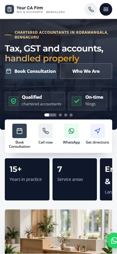 CA firm website in the Executive Slate design, on a phone
