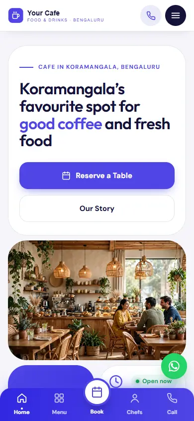 Restaurant website in the Bold Booking design, on a phone