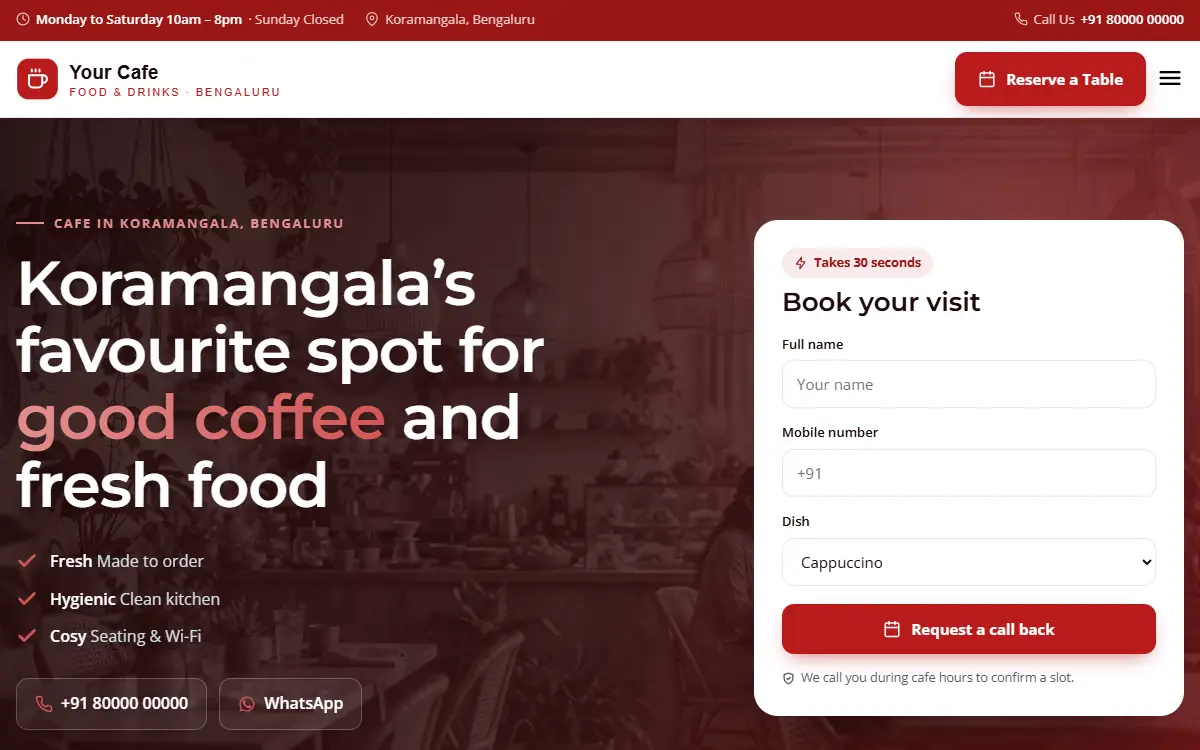 Restaurant website in the Bold Crimson design, on a computer
