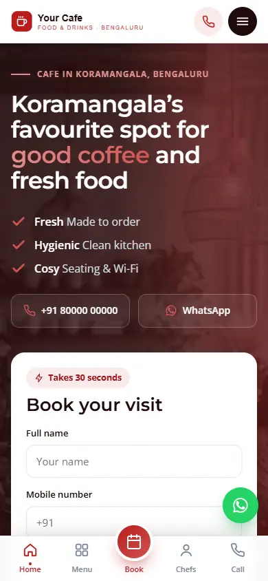Restaurant website in the Bold Crimson design, on a phone