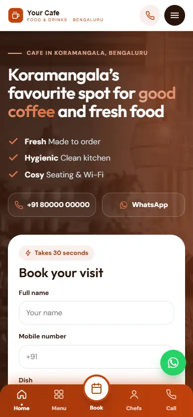 Restaurant website in the Sunset Energy design, on a phone