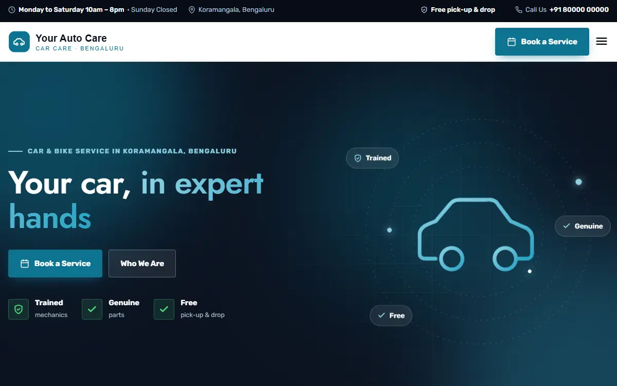 Car service website in the Digital Dark design, on a computer
