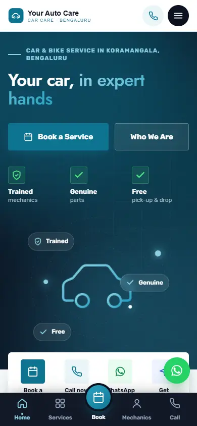 Car service website in the Digital Dark design, on a phone