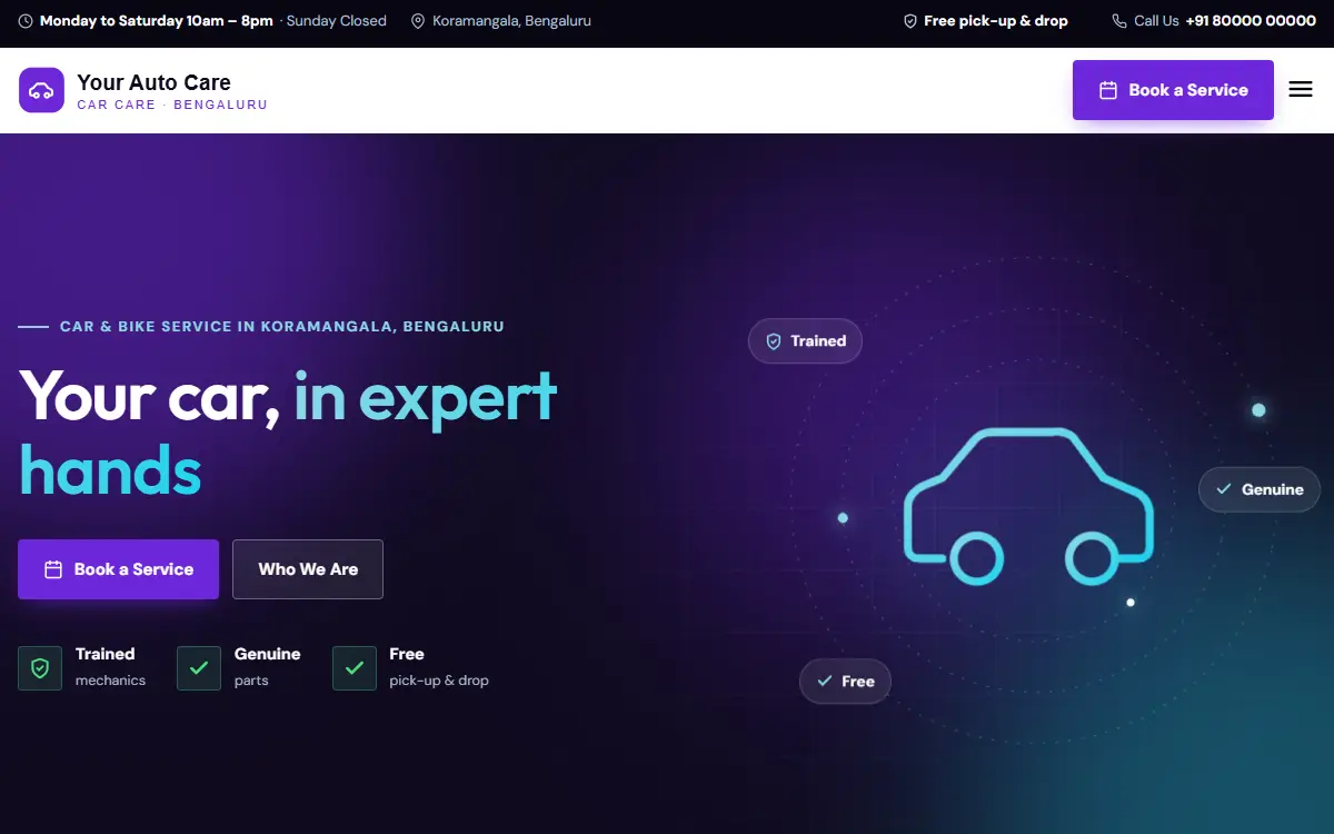 Car service website in the Midnight Tech design, on a computer