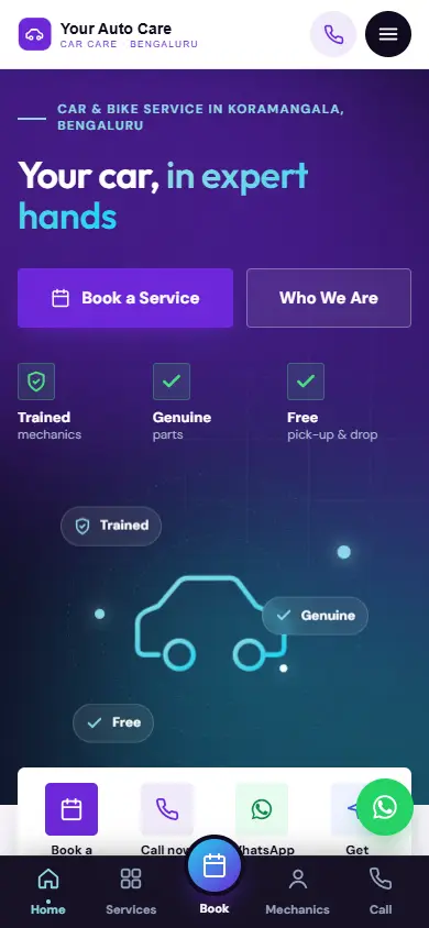 Car service website in the Midnight Tech design, on a phone