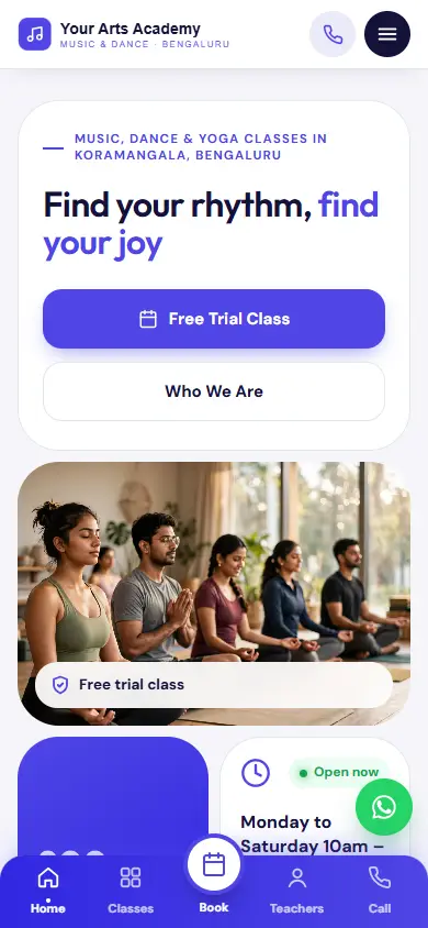 Class website in the Bold Booking design, on a phone