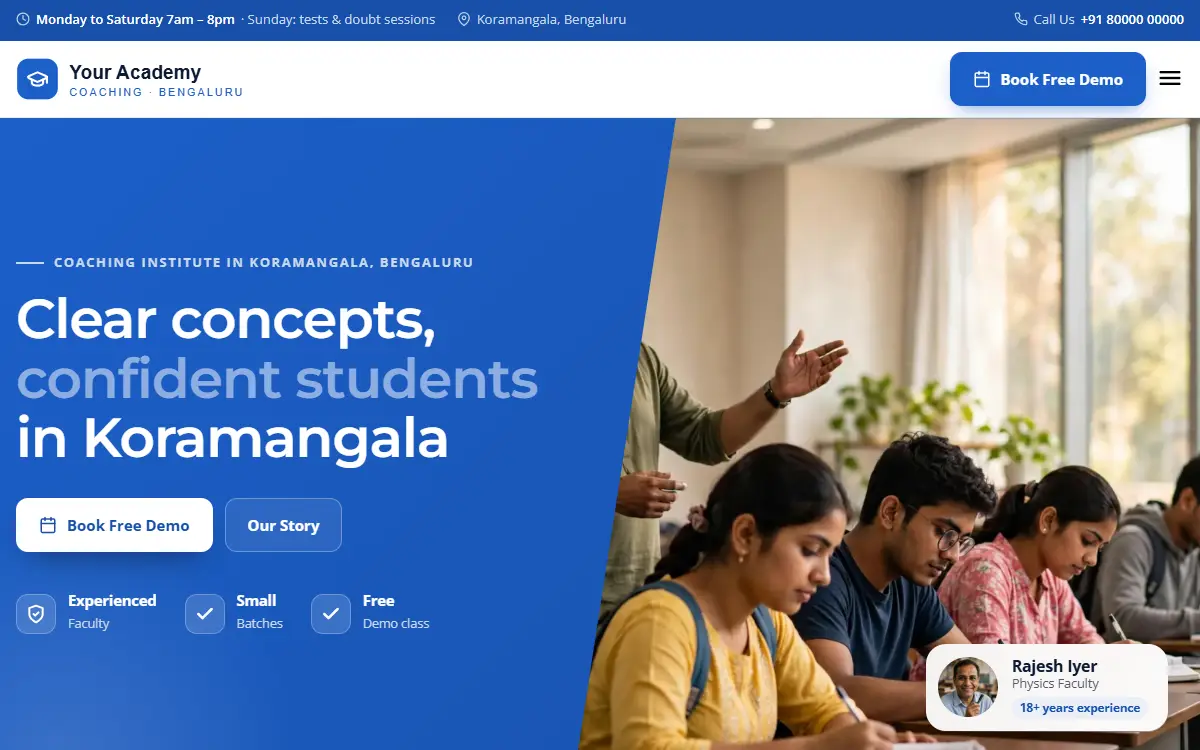 Coaching institute website in the Corporate Blue design, on a computer