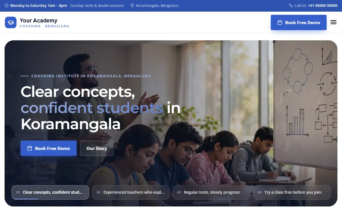 Coaching institute website in the Metro Cobalt design, on a computer