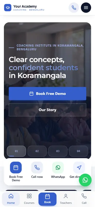 Coaching institute website in the Metro Cobalt design, on a phone