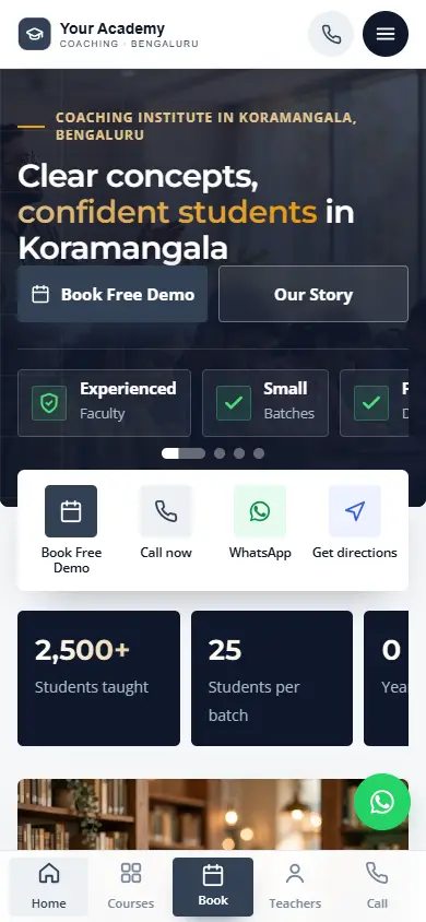 Coaching institute website in the Executive Slate design, on a phone