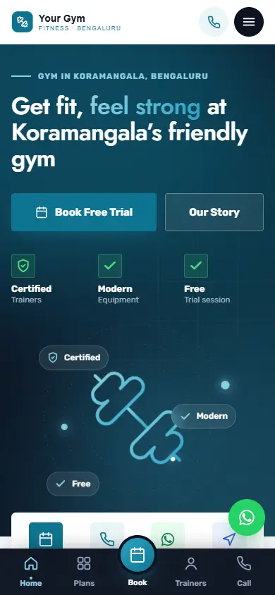Gym website in the Digital Dark design, on a phone