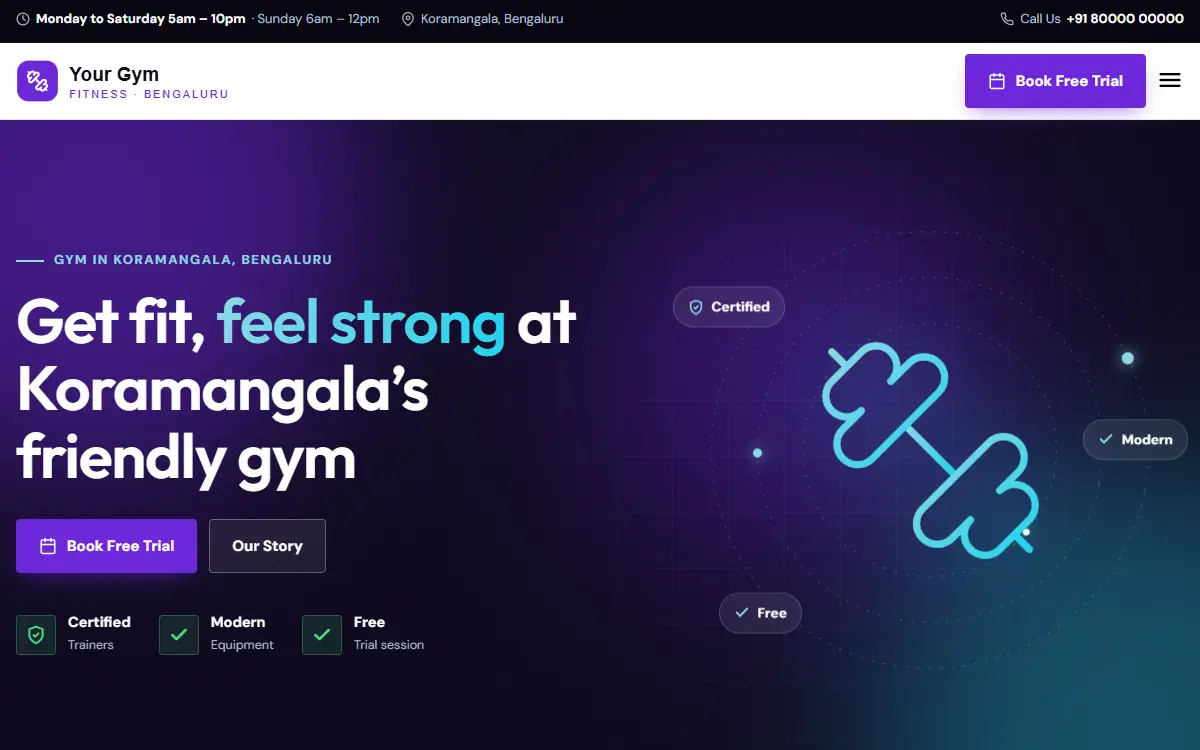 Gym website in the Midnight Tech design, on a computer