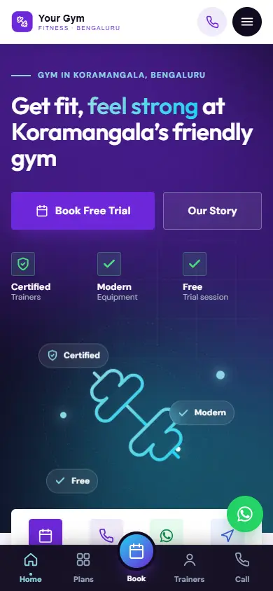Gym website in the Midnight Tech design, on a phone