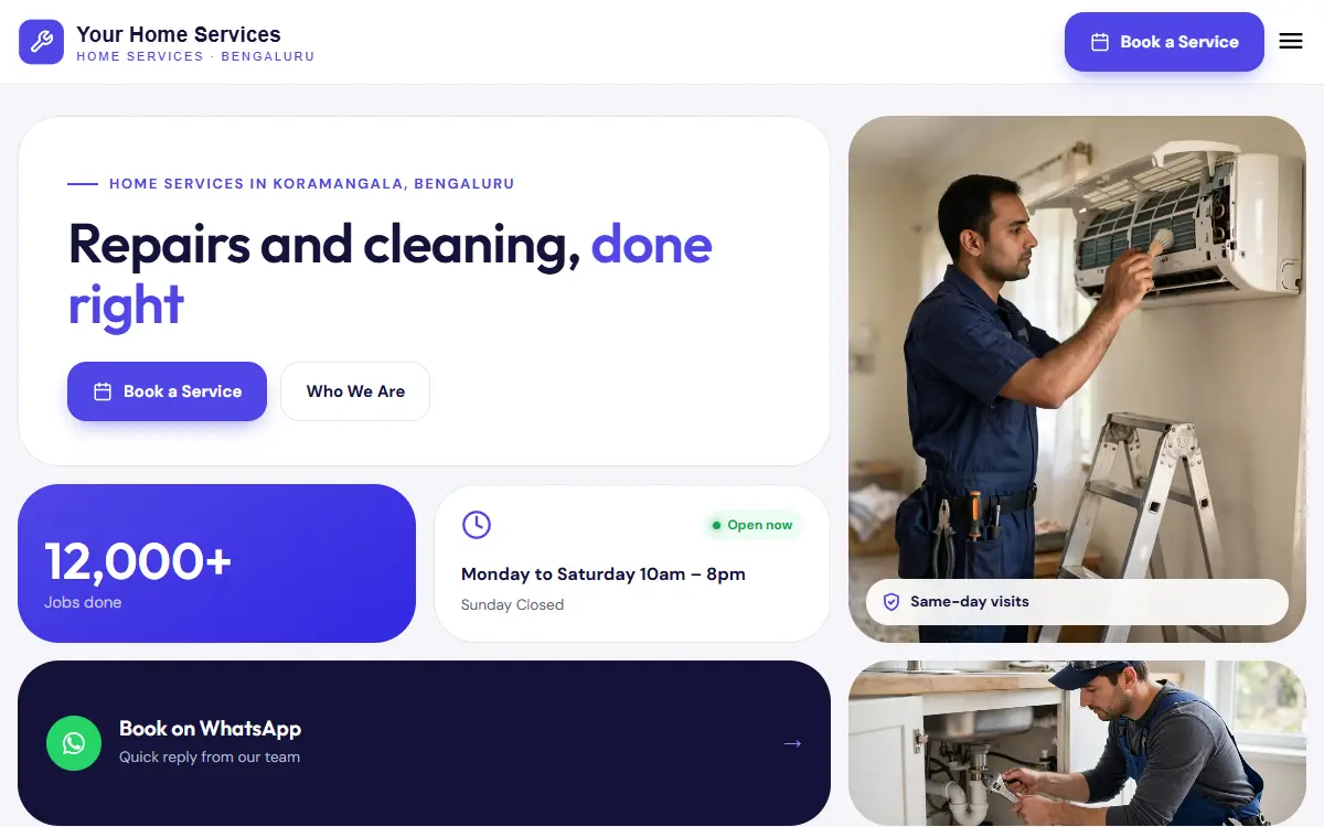 Home services website in the Bold Booking design, on a computer