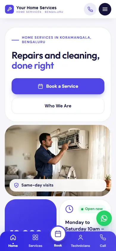 Home services website in the Bold Booking design, on a phone