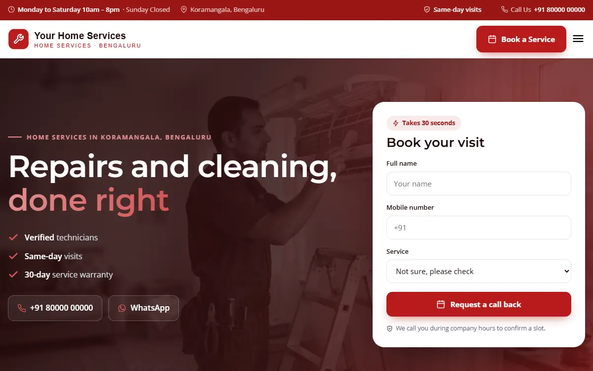 Home services website in the Bold Crimson design, on a computer