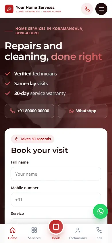 Home services website in the Bold Crimson design, on a phone