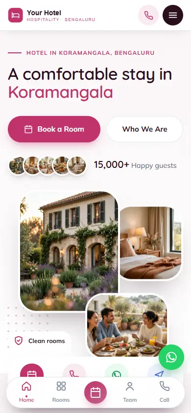 Hotel website in the Soft Rose design, on a phone