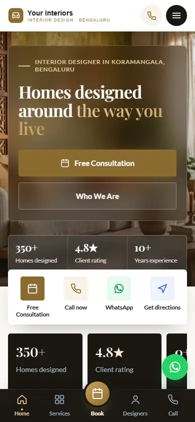 Interior design website in the Luxury Gold design, on a phone