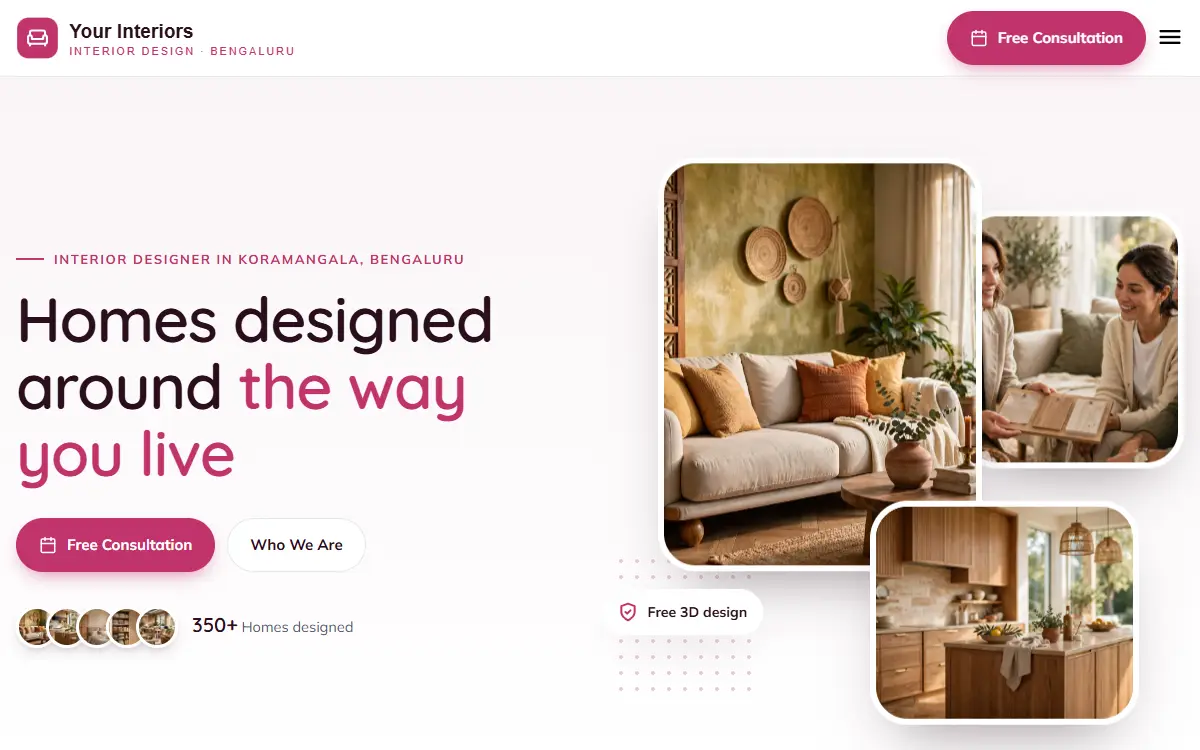 Interior design website in the Soft Rose design, on a computer