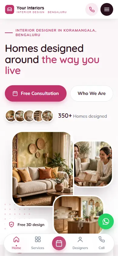 Interior design website in the Soft Rose design, on a phone