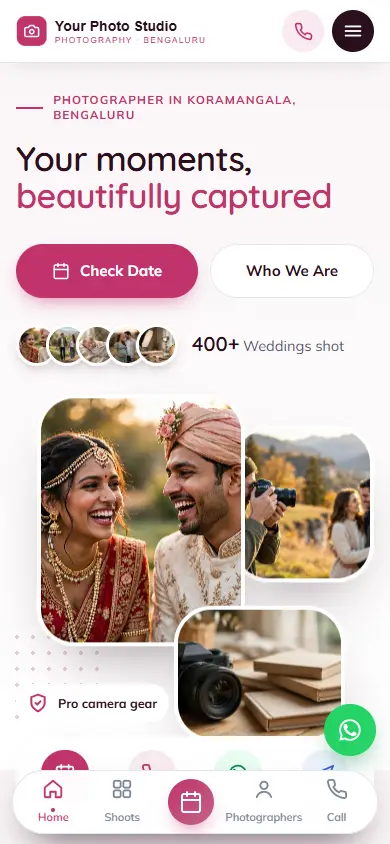 Photography website in the Soft Rose design, on a phone