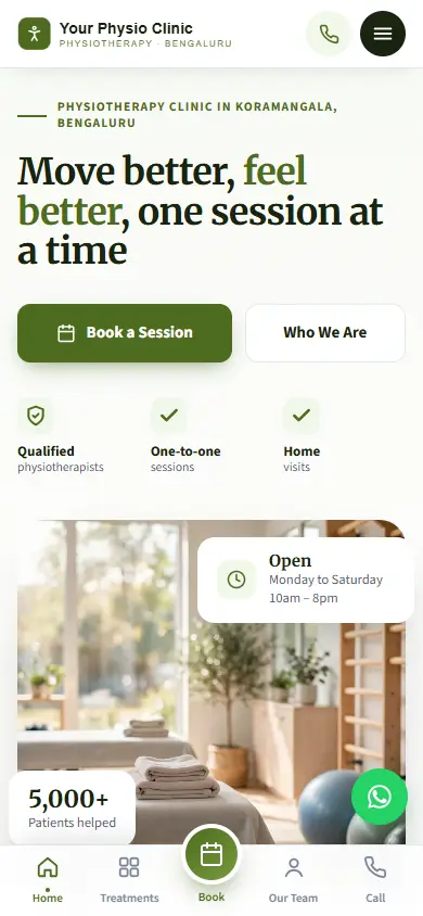 Physiotherapy clinic website in the Natural Earth design, on a phone