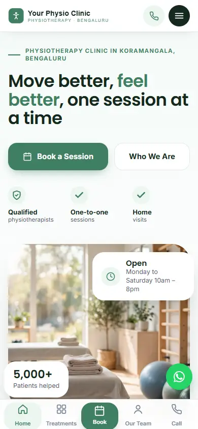 Physiotherapy clinic website in the Mist Jade design, on a phone