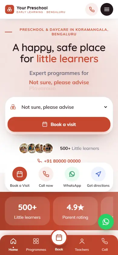 Preschool website in the Happy Kids design, on a phone