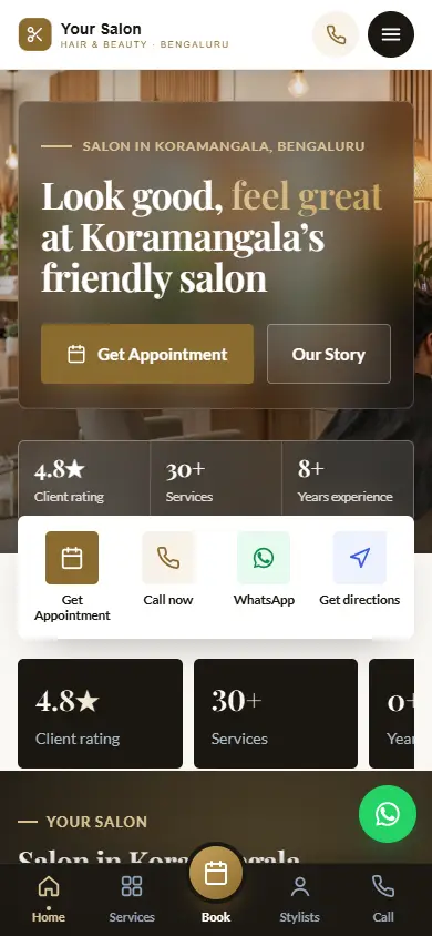 Salon website in the Luxury Gold design, on a phone