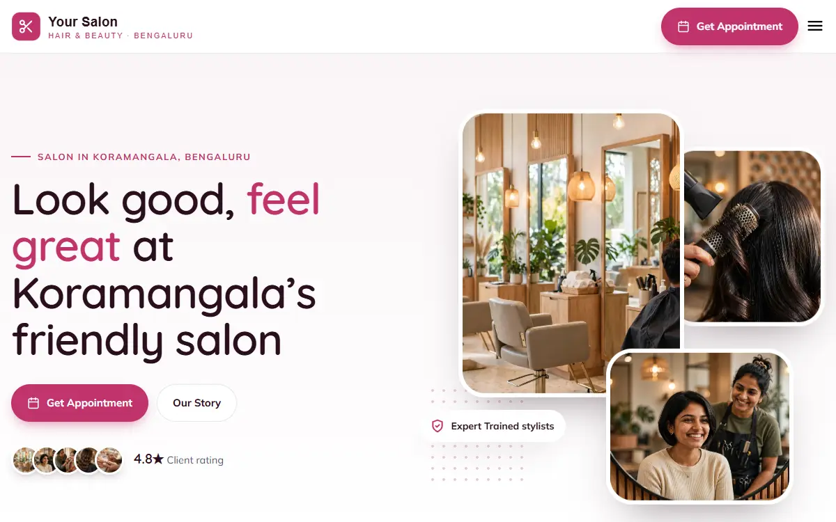 Salon website in the Soft Rose design, on a computer