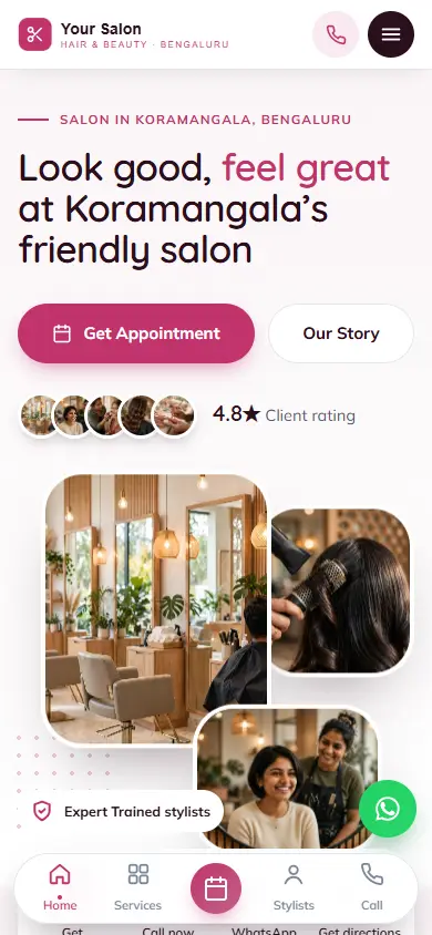 Salon website in the Soft Rose design, on a phone