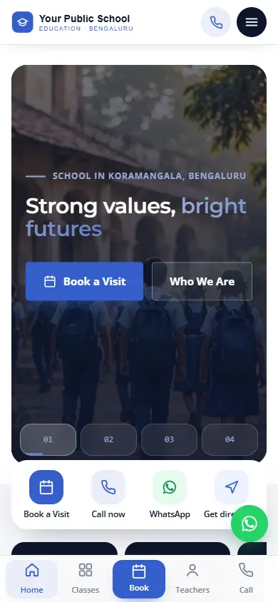 School website in the Metro Cobalt design, on a phone