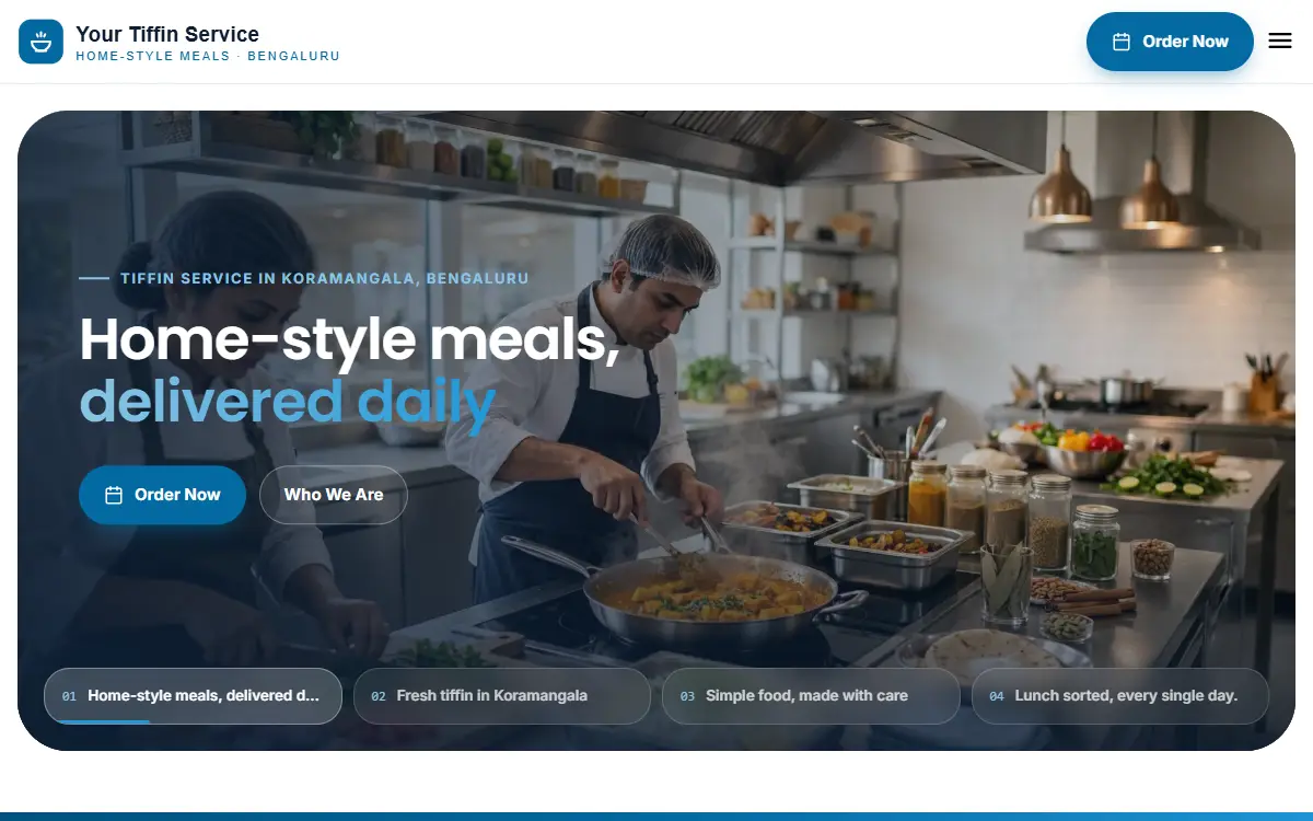 Tiffin service website in the Ocean Breeze design, on a computer