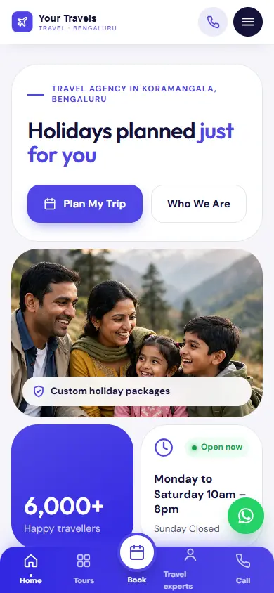 Travel agency website in the Bold Booking design, on a phone