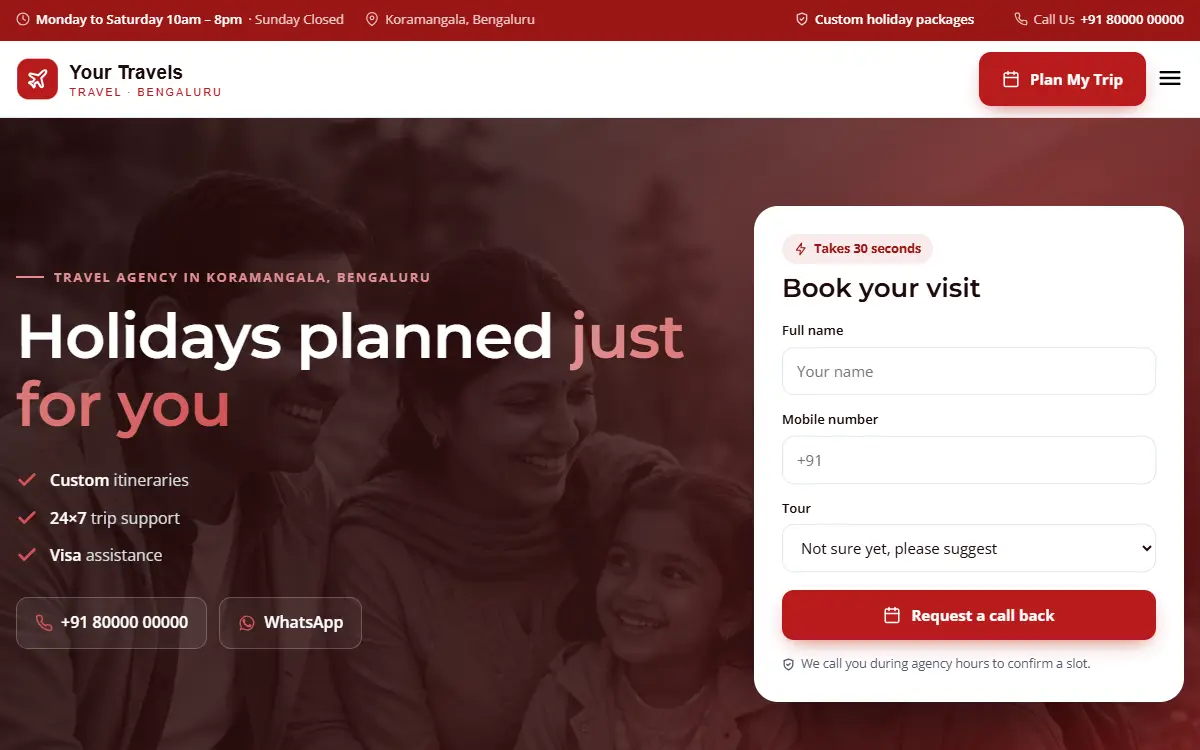 Travel agency website in the Bold Crimson design, on a computer