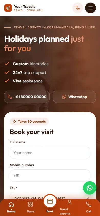 Travel agency website in the Sunset Energy design, on a phone