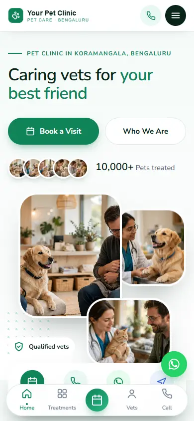 Pet clinic website in the Warm Family design, on a phone