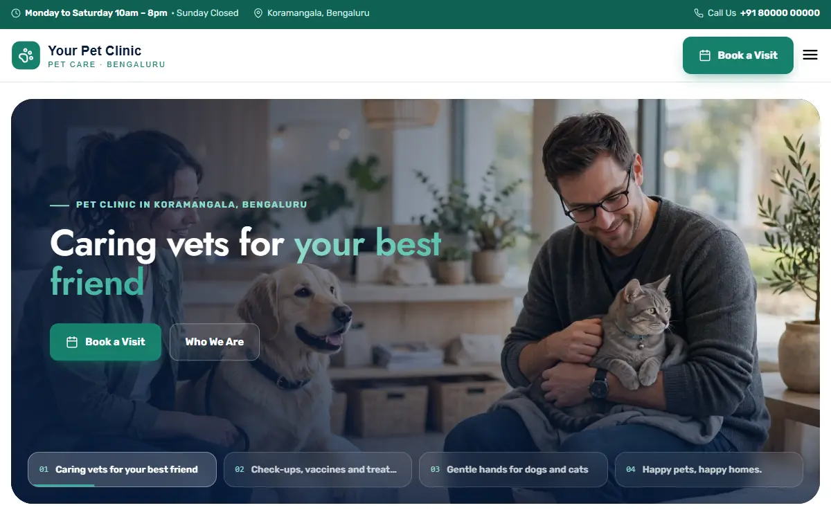 Pet clinic website in the Modern Classic design, on a computer